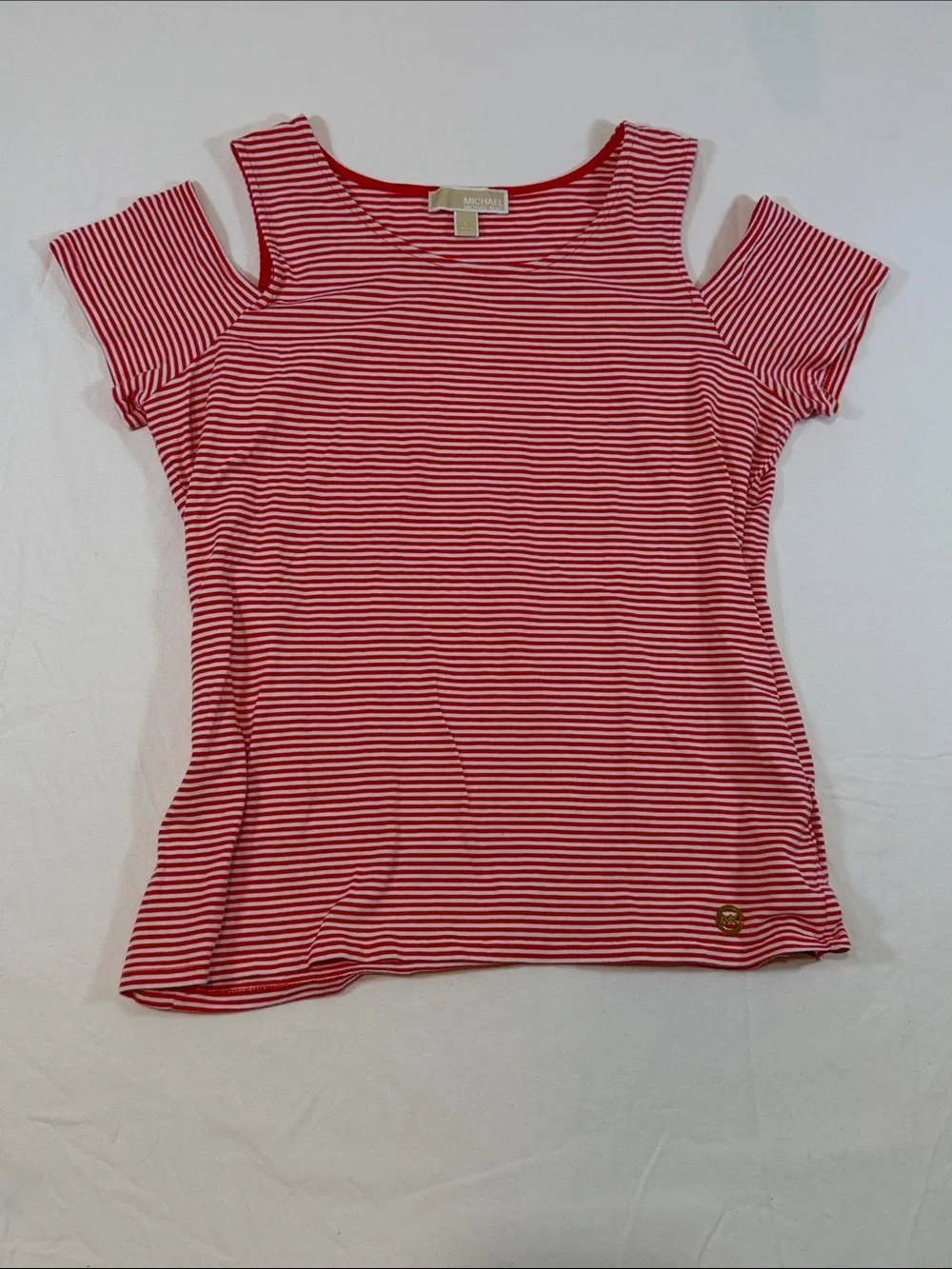 Michael Kors Orange and White Striped Cold-Shoulder Tee